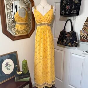 Robbie Bee Bright Sunshine Yellow Floral Pattern V Neck Summer Maxi Dress 6